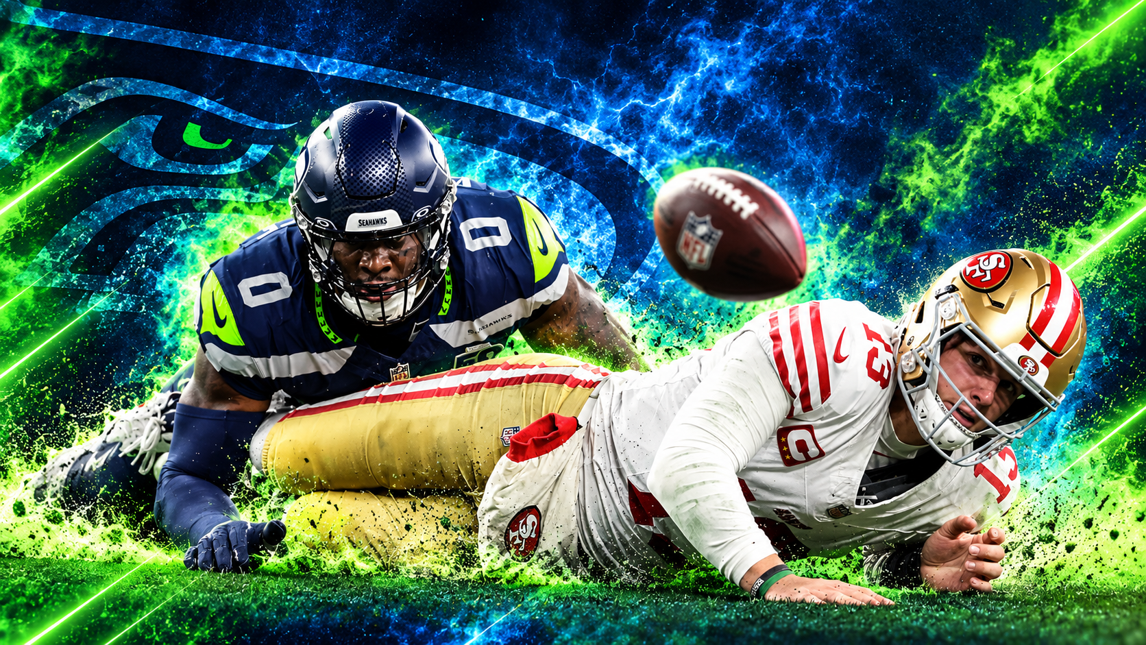 Seattle defender tackling Brock Purdy with the football in the air, against a blue and green Seahawks background